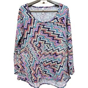 LulaRoe Women Tunic Top Size M Blue Purple Yellow Abstract Long Sleeve Retro